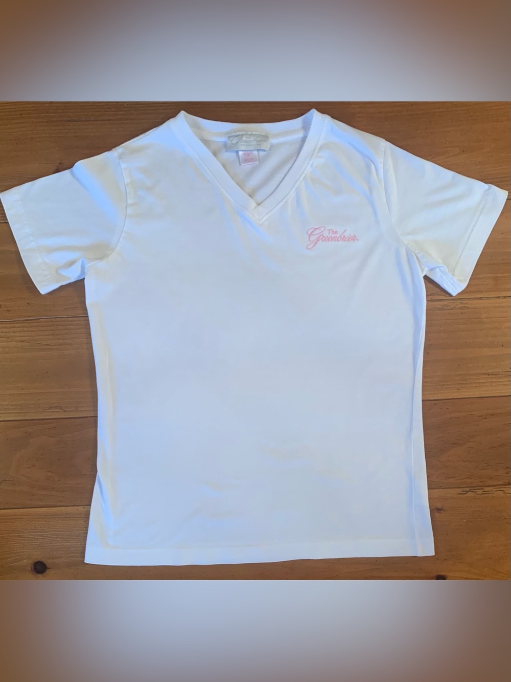 White V-Neck Tee with Pink 'The Greenbrier' Logo